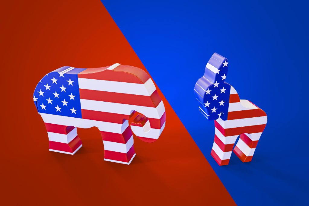 Republican and Democrat party symbols facing off over the U.S. budget bill debate